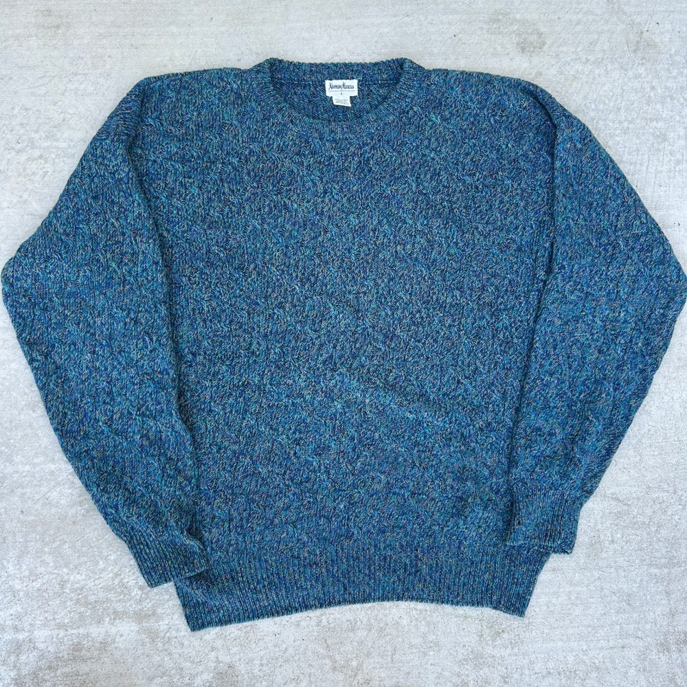 Neiman Marcus Vintage 90s Linen Cable Knit Sweater Large Blue Green Marled Mens
